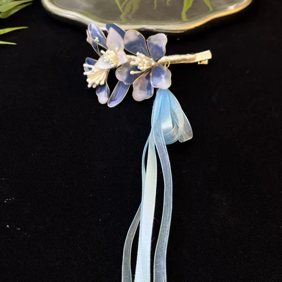 云鬓花古风饰品古装发饰纯手工造花液 泠蓝花绶 仙气汉服发夹B558