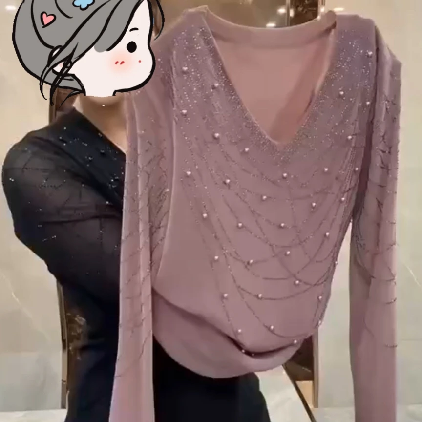 钉珠V领双层网纱打底衫8619HXMEQ