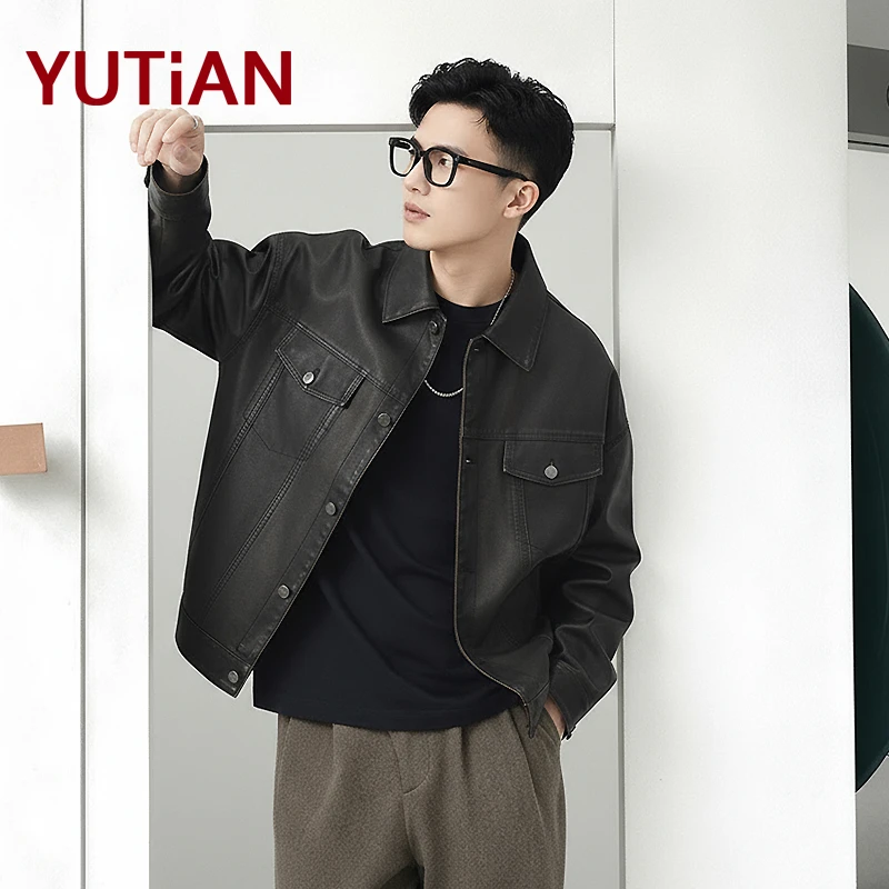 YUTIAN美式复古秋冬男士皮夹克怀旧磨边PU皮痞帅休闲宽松皮衣外套
