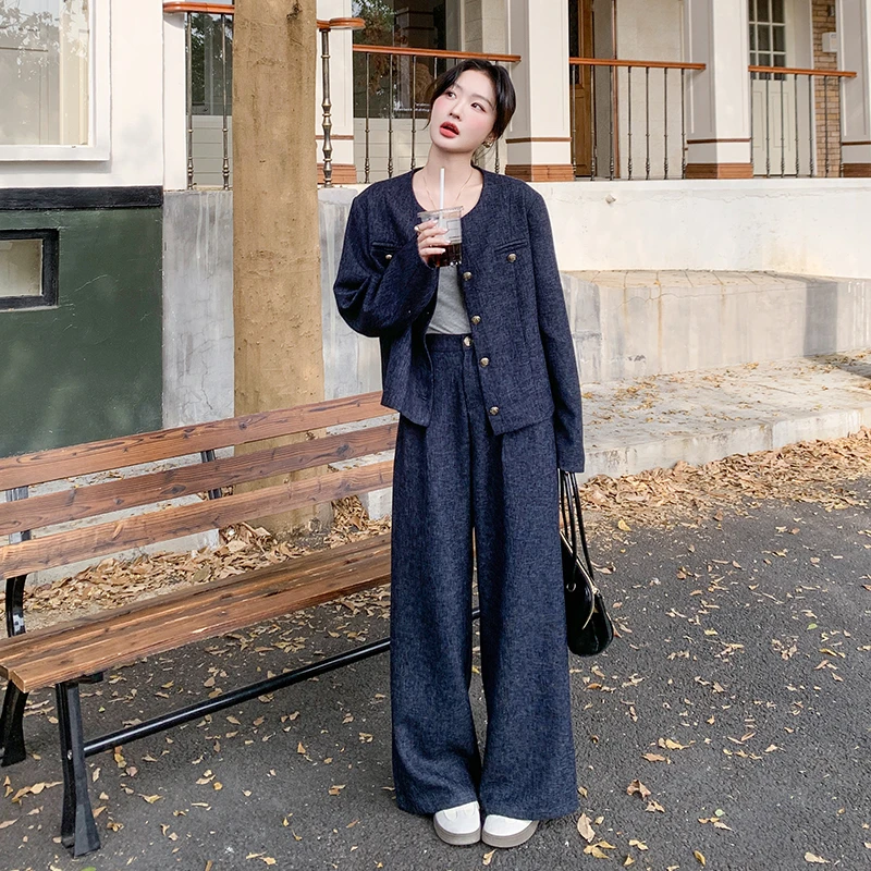 灰色小香风时尚套装女春季2025新款轻熟风休闲名媛阔腿裤两件套潮