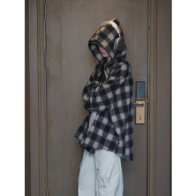 黑白条纹连帽格子衬衫男春季美式慵懒风长袖衬衣cleanfit情侣外套