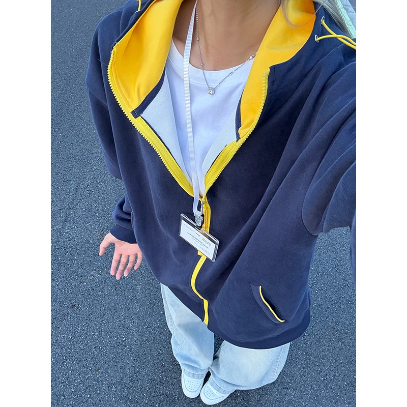 藏青色高克重磅连帽卫衣男女秋季设计感拼接帽衫美式复古情侣外套