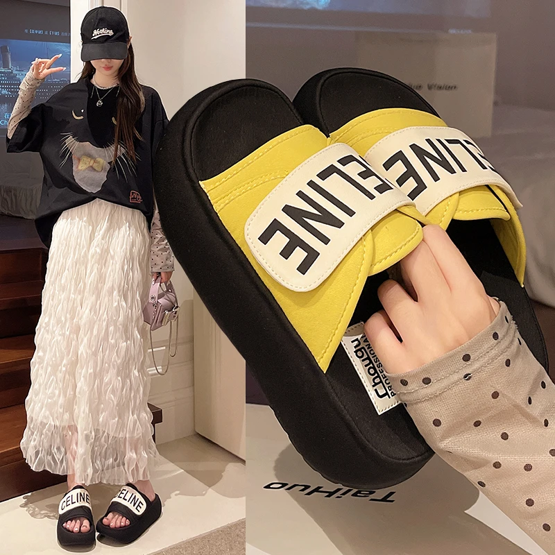 欧货ins超火夏季字母魔术贴厚底松糕休闲一字凉鞋托外穿拖鞋女鞋