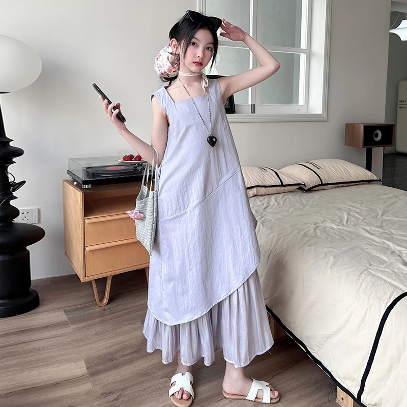 设计款新款夏季女童不规则下摆假两件拼接纱连衣裙宽松背心裙