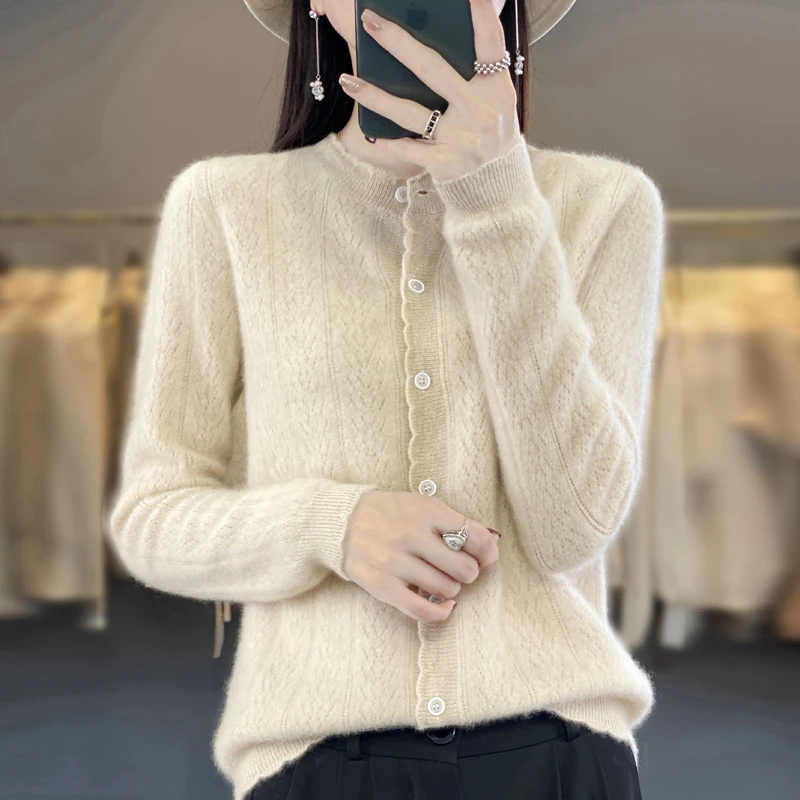 麦穗提花100%羊毛开衫女款休闲百搭针织毛衣外套小众轻奢外搭上衣
