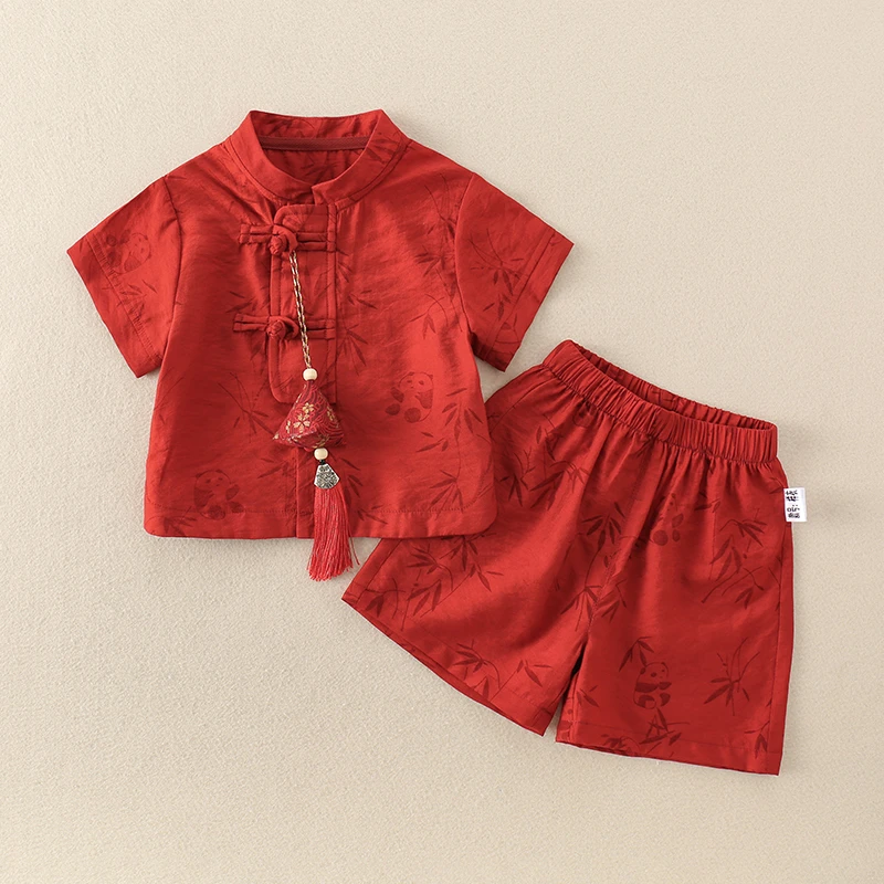 婴儿衣服夏季A类套装薄款中式红色衣服百天男女宝宝周岁礼服夏季