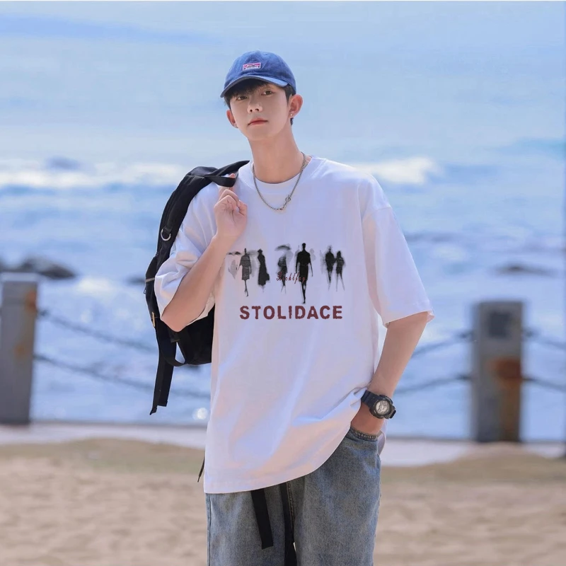 霄桂姿港风圆领重磅纯棉短袖T恤男夏季新款青年印花休闲百搭体恤