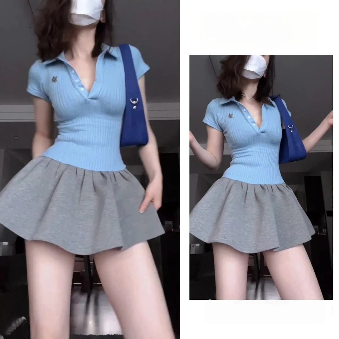 学院风polo领拼接连衣裙夏季修身收腰短袖辣妹蓬蓬裙
