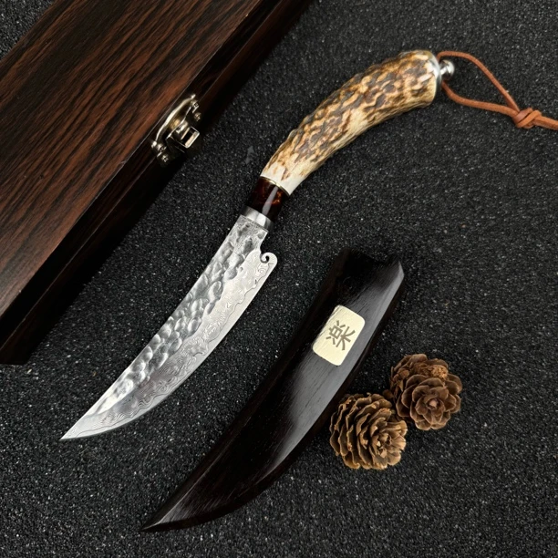 【鹿鸣】珍藏级·进口锻造大马士革钢户外水果刀吃肉刀