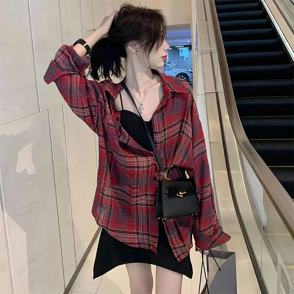 雪纺上衣夏季设计感防晒格子衬衫女外穿薄款长袖外套衬衣2025新款