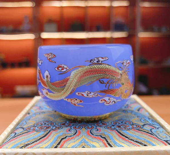 正品《龙凤呈祥》帝王紫琉璃玉瓷罗汉杯/容量160毫升/带礼盒手工