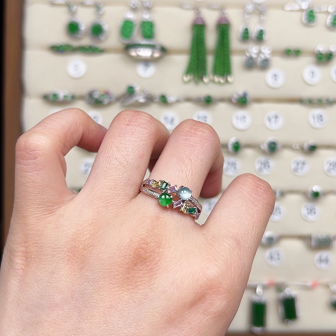 翡翠银S925镶嵌戒指天然