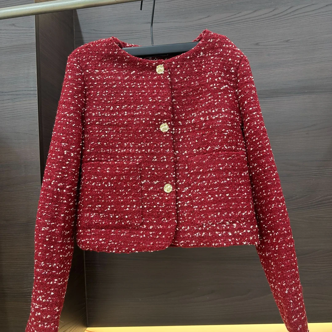 870-A羊毛小香风女款短外套法式开衫红色小香风长袖宽松型秋冬