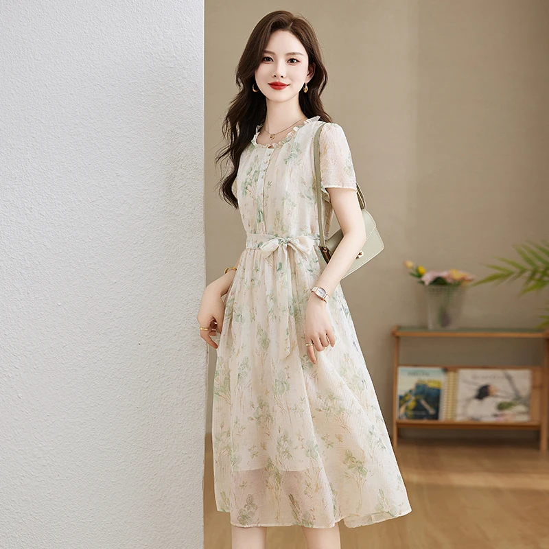 哥弟阿玛施正品爆款圆领碎花收腰短袖连衣裙夏季新款温柔风印花裙