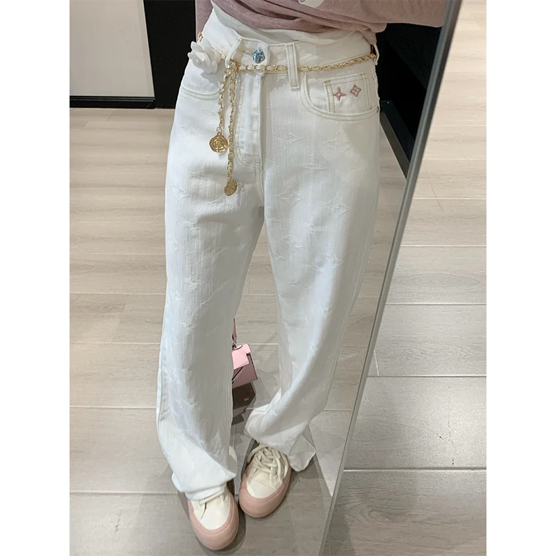 设计感提花窄版直筒牛仔裤女2025春夏新款高腰显瘦百搭阔腿拖地裤