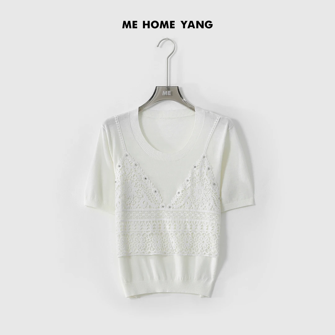 ME【钉钻蕾丝T】夏季新款女士显瘦通勤时尚针织衫MEQS2768