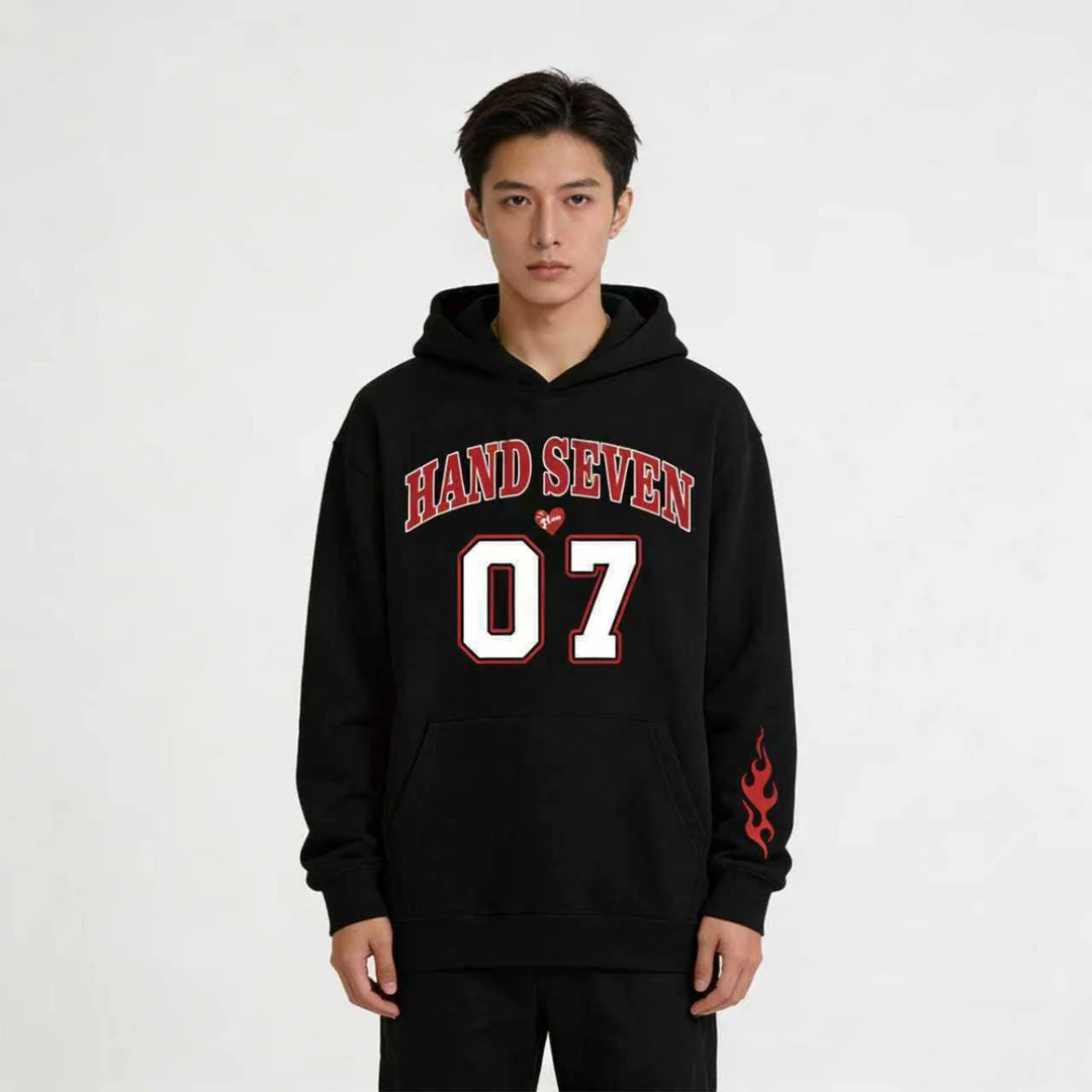 HandSeven美式运动字母数码直喷印花连帽卫衣秋冬百搭保暖帽衫