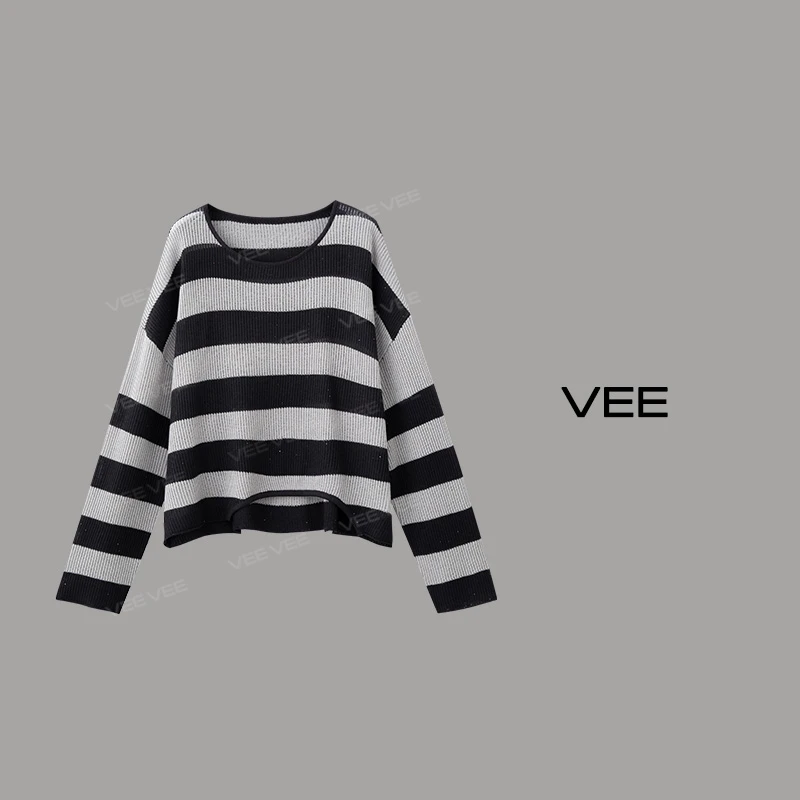 VEE【弧线】圆领休闲撞色宽松慵懒风亮片条纹套头针织衫