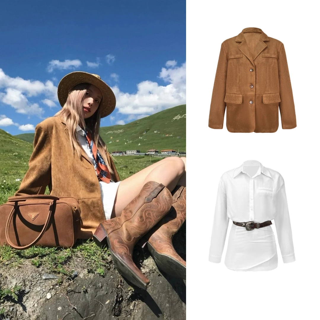 棕色西装白色宽松衬衫连衣裙Z 9062#