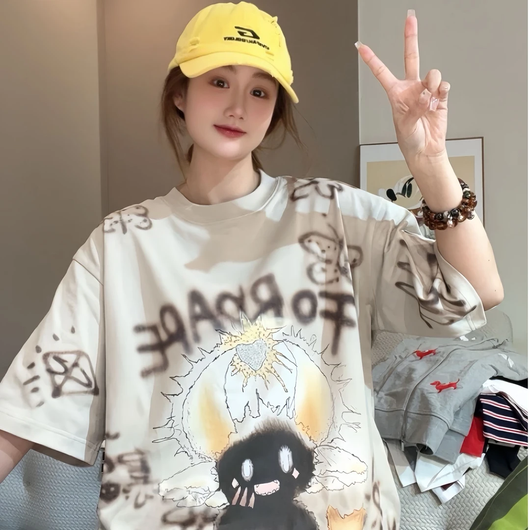 【FANG方方】2024夏季新款休闲百搭显瘦发光小怪兽涂鸦圆领短袖T恤