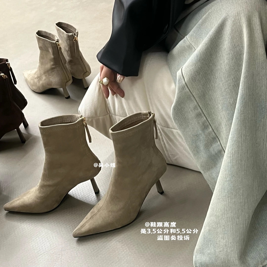 2025秋冬新款法式气质绒面时尚百搭尖头时装靴后拉链简约显瘦短靴