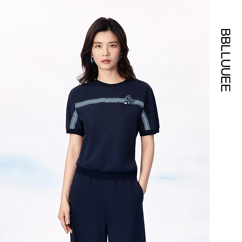 【晨粉专享价】【沁蓝蝶影】粉蓝衣橱25夏装新款运动套装罗纹短袖卫衣