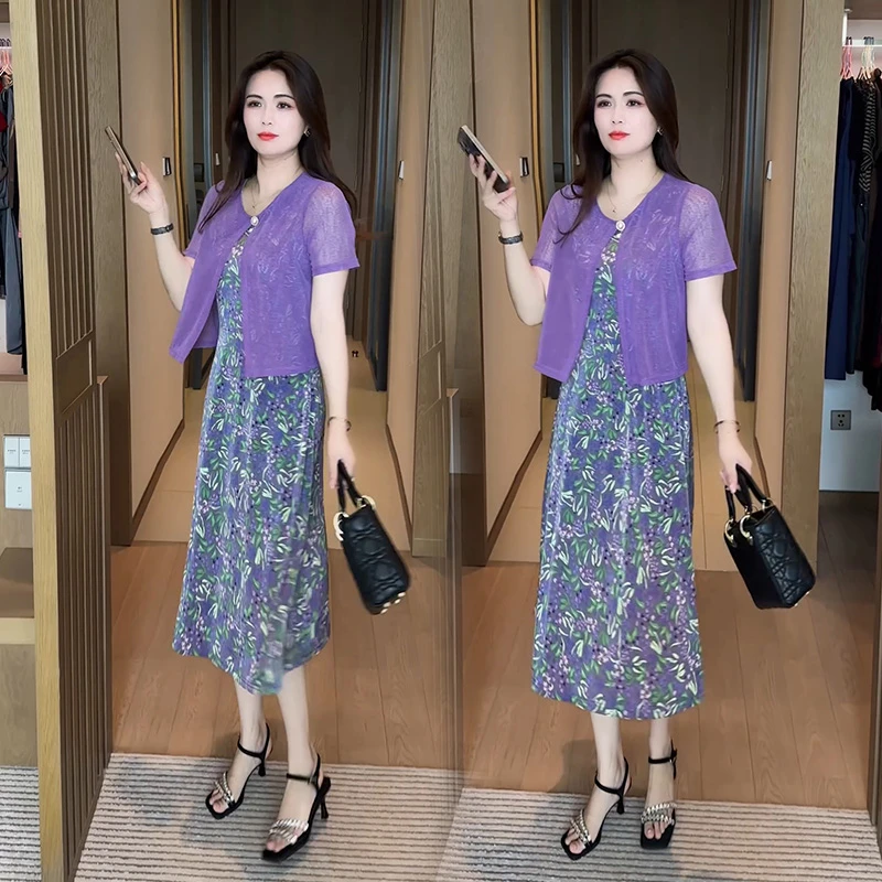 假两件气质连衣裙女2025夏季新款妈妈装时尚洋气显瘦过膝碎花裙子