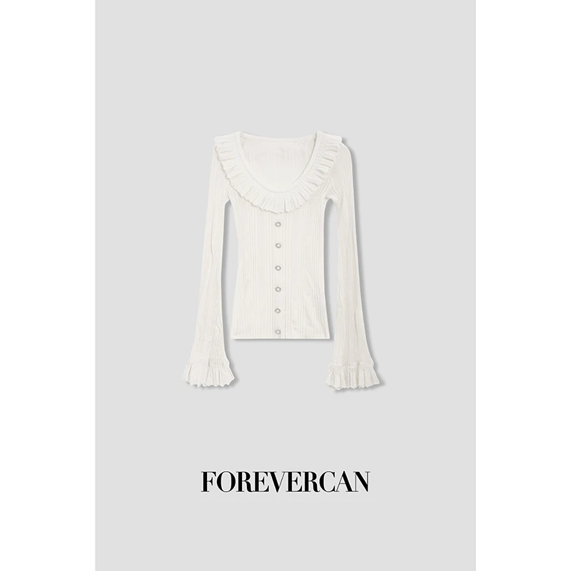 FOREVERCAN“温莎古堡”法式复古荷叶领喇叭袖针织上衣MY3981