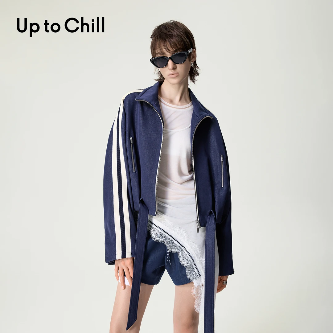 Up to Chill藏青撞色拼接袖外套经典落肩干练休闲风秋冬CWWA1W930