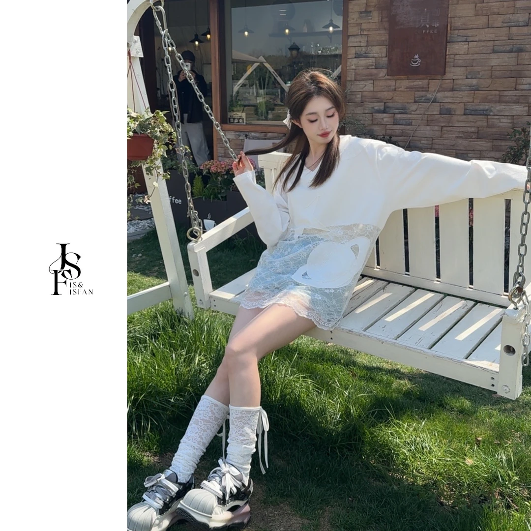 JS&JSFAN春季新款蕾丝拼接全棉长袖v领t恤百搭宽松时尚蕾丝衬衫