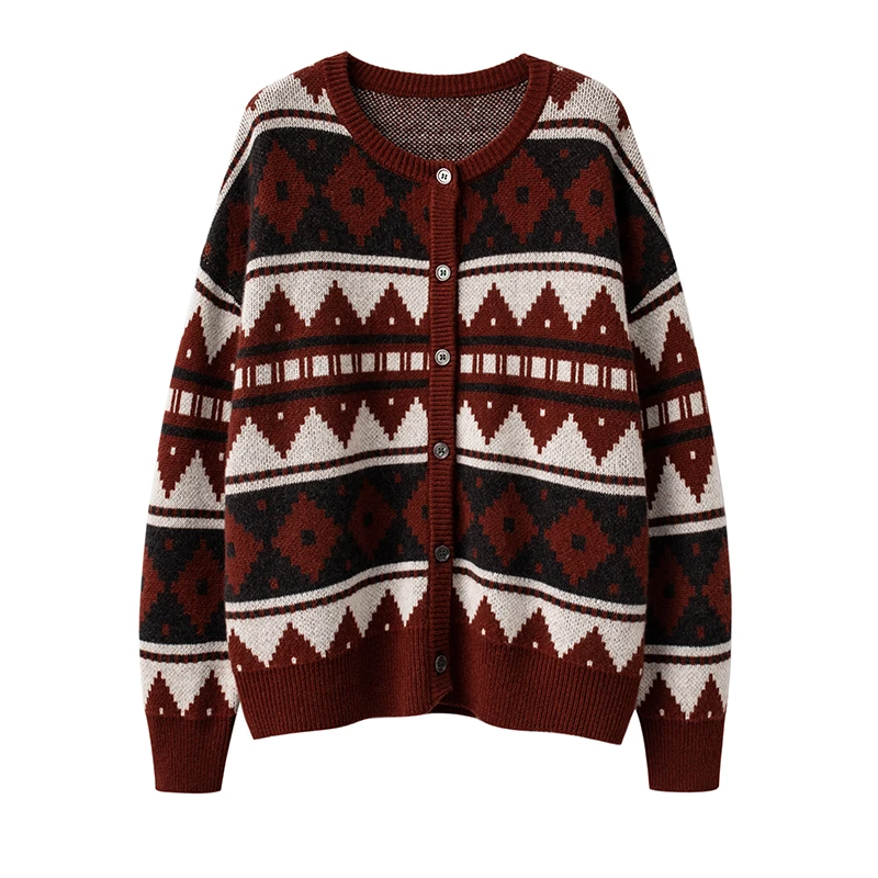 新潮配色圆领加厚山羊绒秋冬冬季休闲开衫外套女