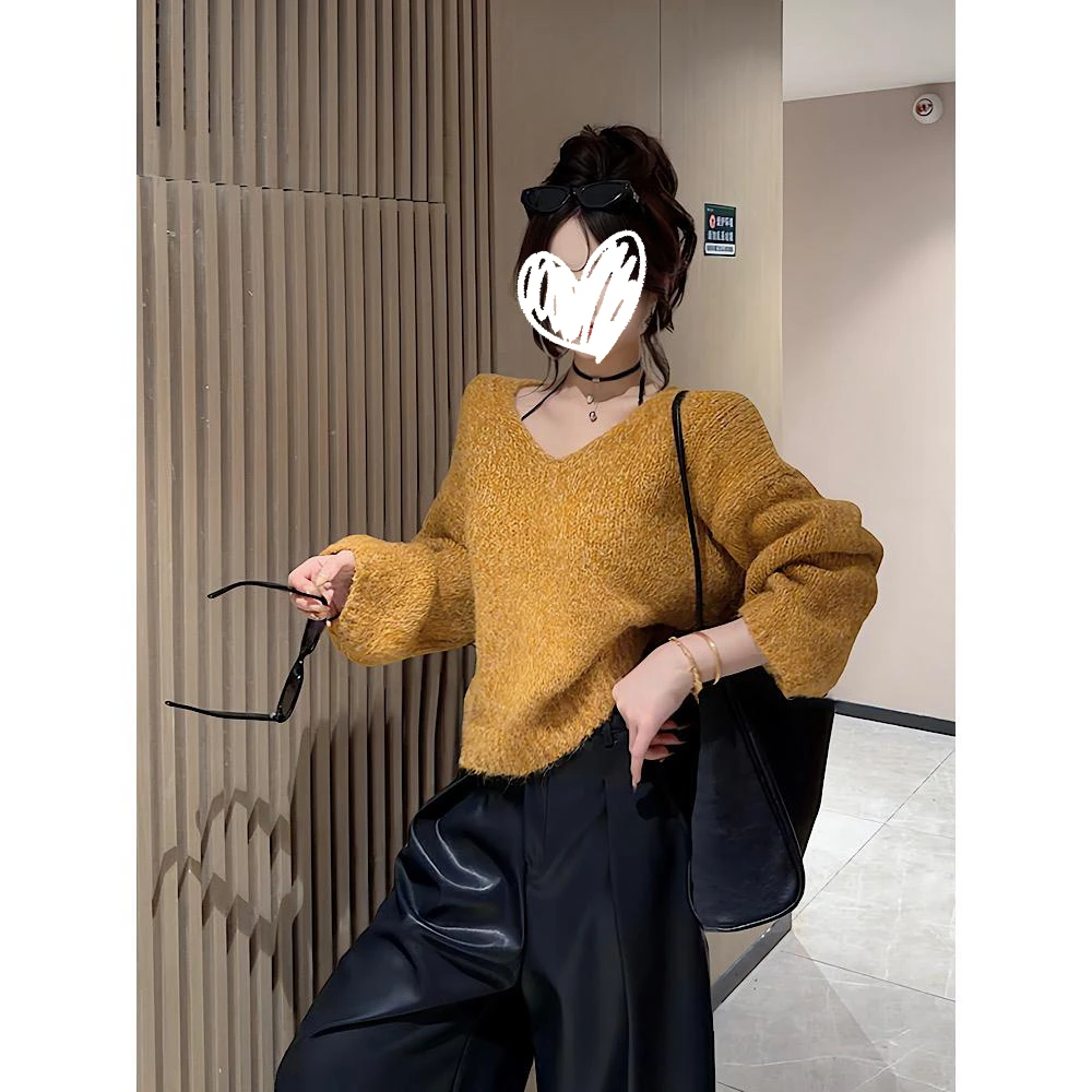 2025秋冬新款韩版设计感时尚百搭显瘦宽松慵懒风V领针织毛衣女