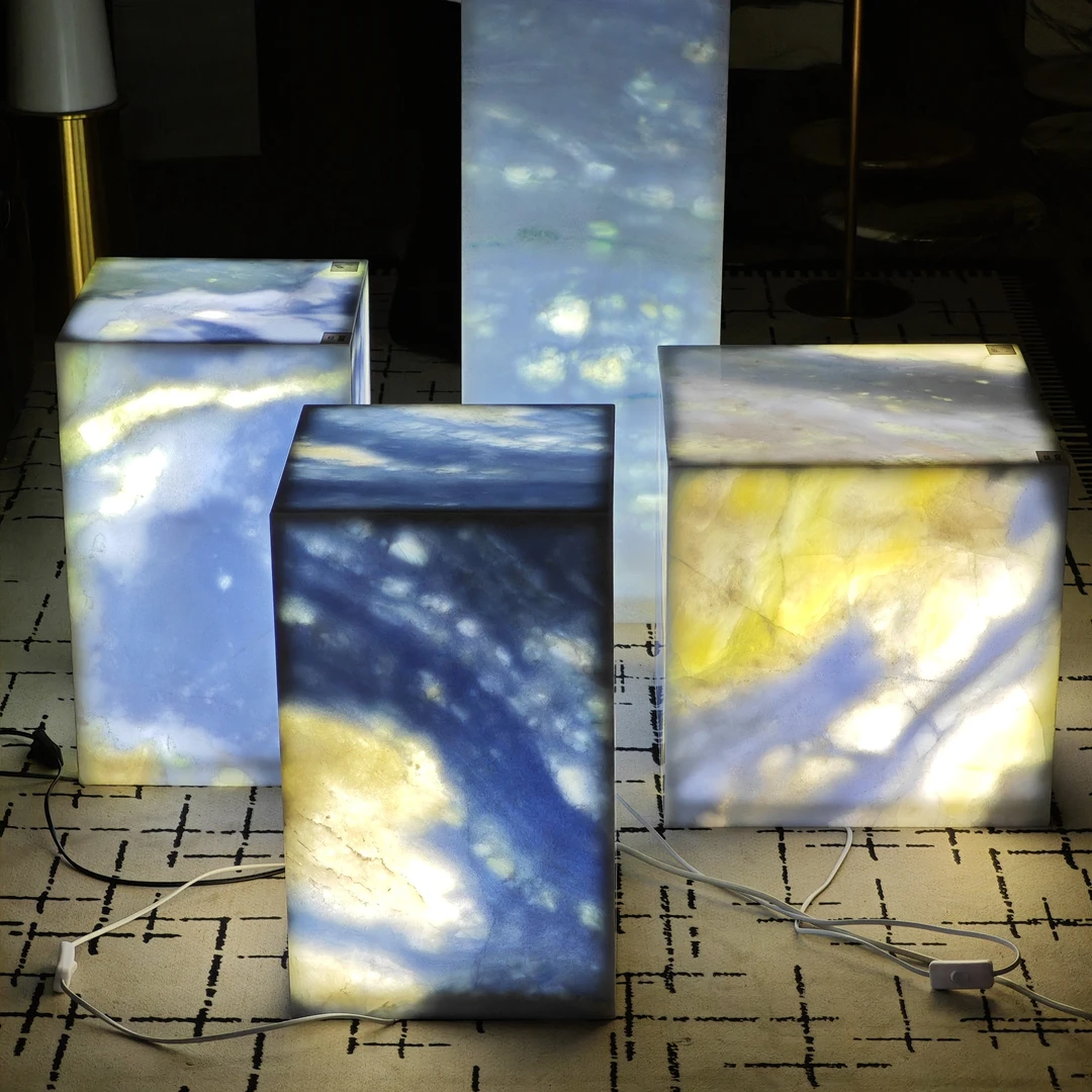 蓝水晶天然大理石墩墩大理石入户玄关展示架石材花架床头柜简约款