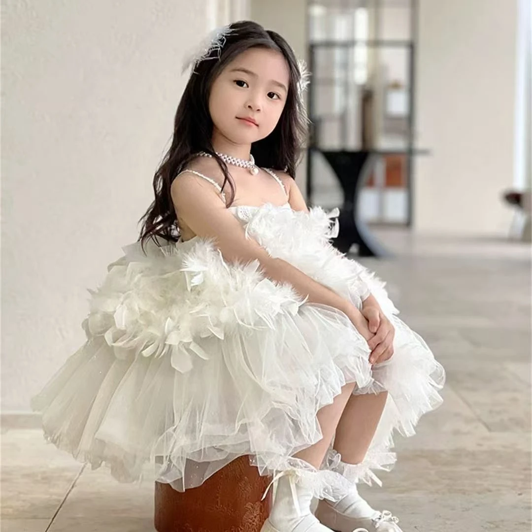 女童白天鹅洛丽塔公主裙2025新款超仙羽毛生日蓬蓬网纱吊带连衣裙