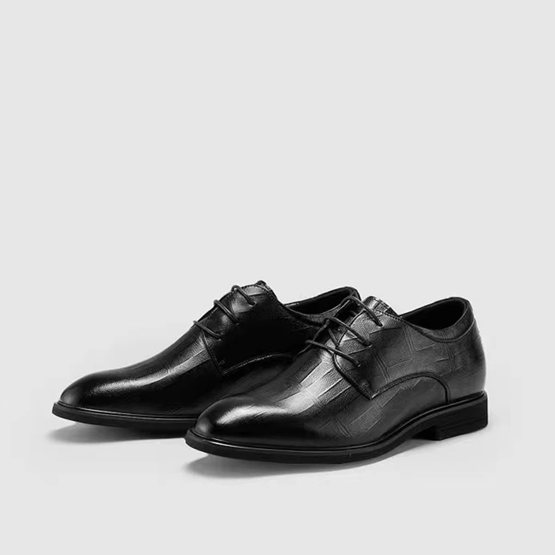男士商务休闲皮鞋舒适时尚透气黑色春季圆头秋季系带牛皮鞋轻奢