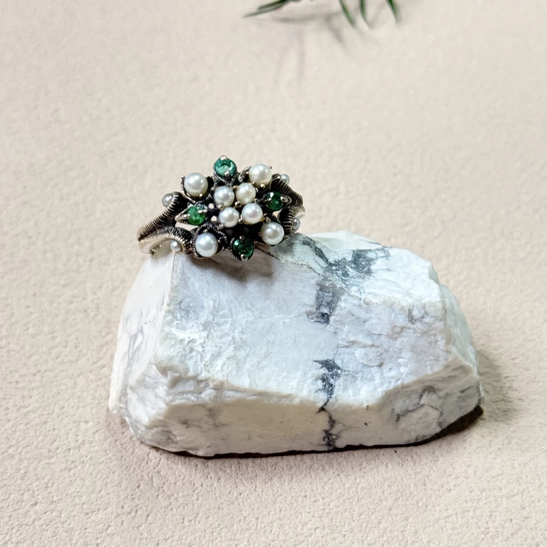 【六六中古】孤品复古祖母绿淡水珍珠s925戒指ty1066港14欧53