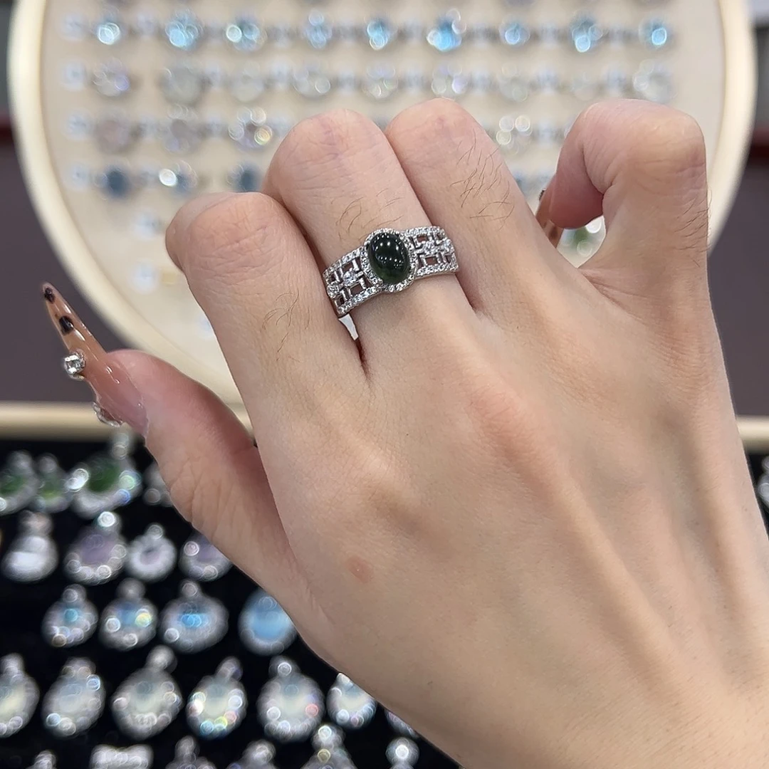 蛇纹石玉银S925镶嵌戒指