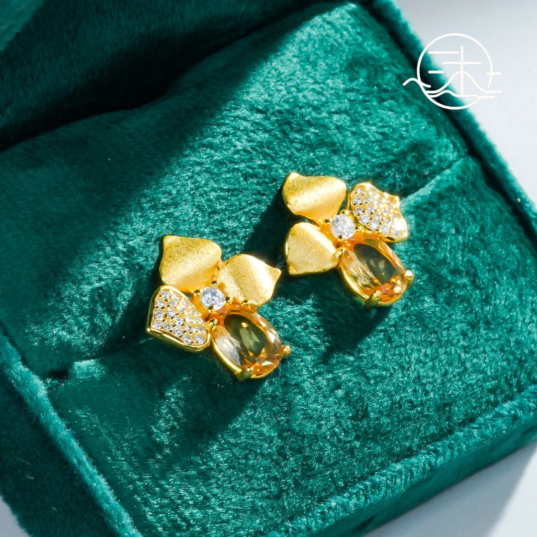 木润【黄水晶】天然水晶黄水晶耳钉  S925银