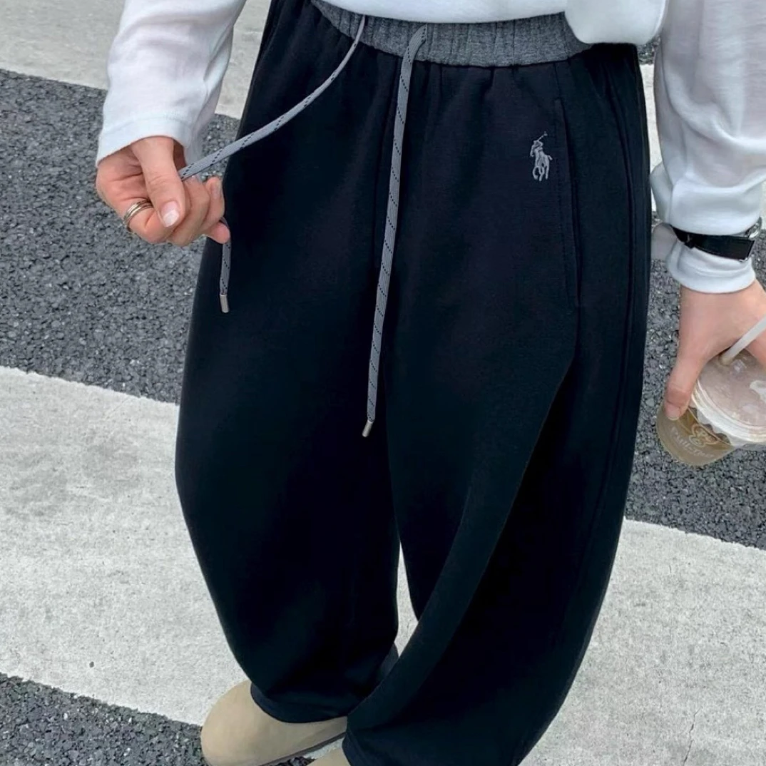 韩版2025年早秋新款刺绣小标拼色显瘦显腿长松紧腰撞色休闲女卫裤