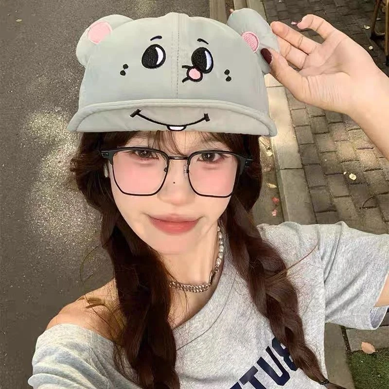 可爱卡通灰耗子大鼠耳朵翻檐鸭舌帽女夏透气显脸小搞怪棒球帽子