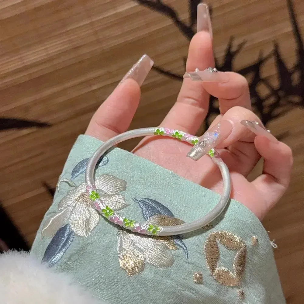 足银手镯999珐琅彩桃花卷草纹纯银手镯实心闭口银镯子情人节礼物
