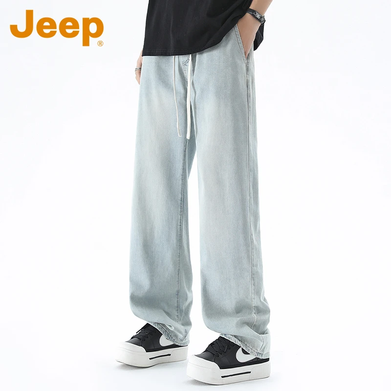 JEEP吉普美式复古牛仔裤男款夏季新款高街潮牌宽松直筒阔腿长裤子