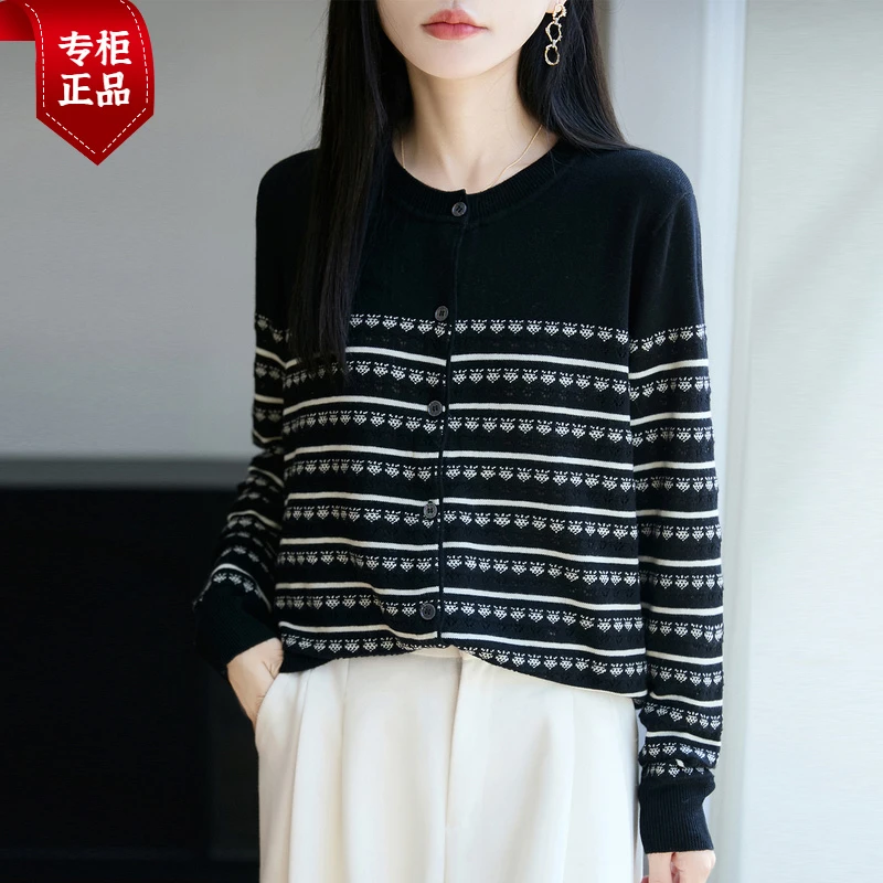 品牌撤柜正品秋季时尚羊毛圆领条纹长袖毛针织开衫宽松显瘦外套女