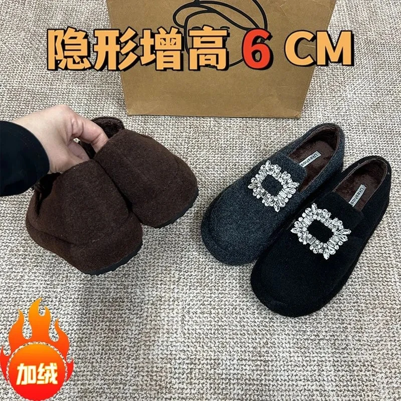 秋冬新款小个子内增高6CM法式复古加绒乐福鞋女休闲勃肯鞋单鞋女