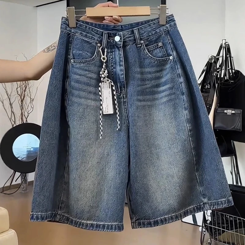 大码美式牛仔短裤女夏高腰显瘦百搭修身胖mm五分裤休闲宽松阔腿裤