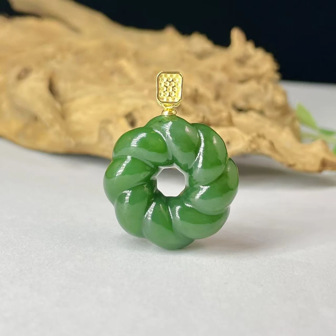 天然和田玉老坑碧玉满绿厚装花环平安扣吊坠天方地圆挂坠S925银镶