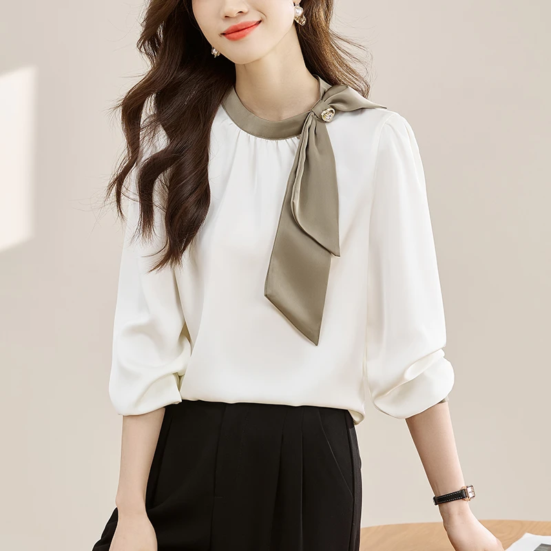法式温柔领口蝴蝶结设计感衬衫女秋季新款拼色飘带缎面高级感上衣