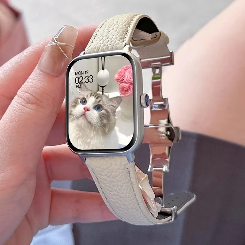 智能手表女款心率多功能运动学生白色荔枝纹皮带方形高颜值可通