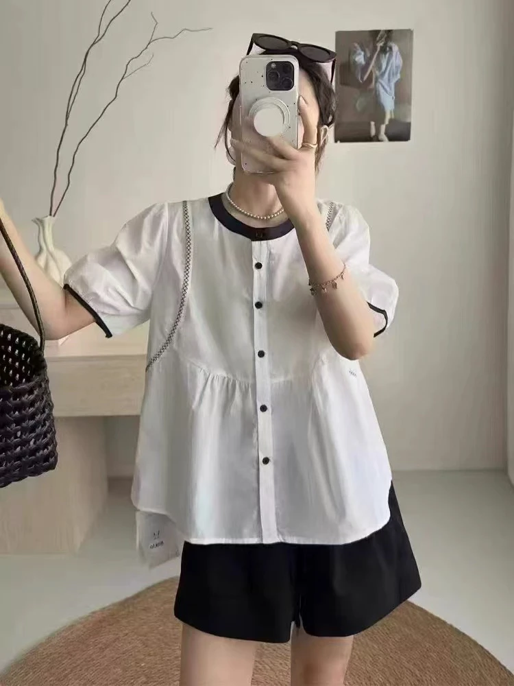 新疆包邮【A89】撞色拼接衬衫短袖-衣长59