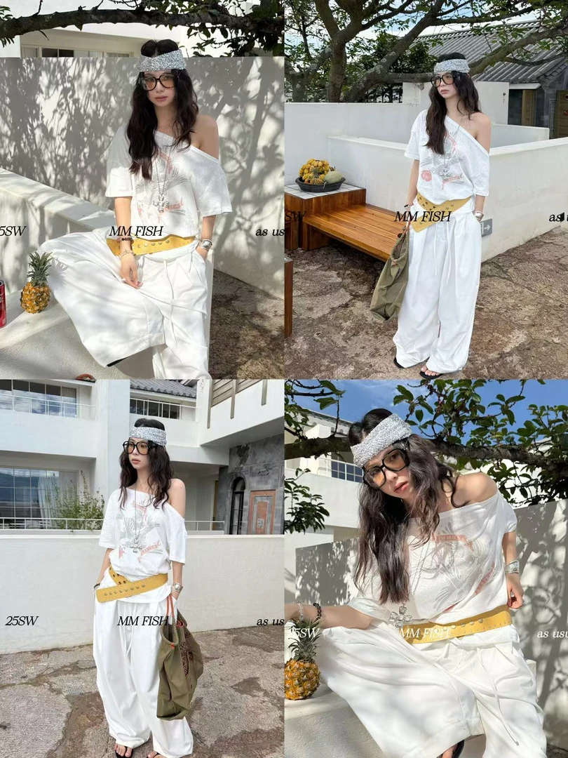 馒头（1mtt272#）玫瑰印花的！斜肩宽松休闲大件短T恤 5-22